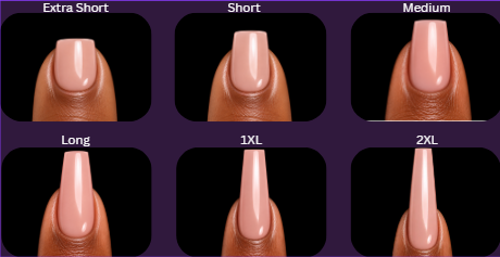Nail length examples: extra short, short, medium, long, 1XL, and 2XL