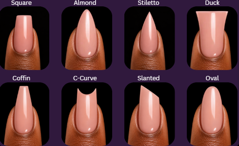 Nail shape examples: square, almond, stiletto, duck, coffin, C-curve, slanted, and oval