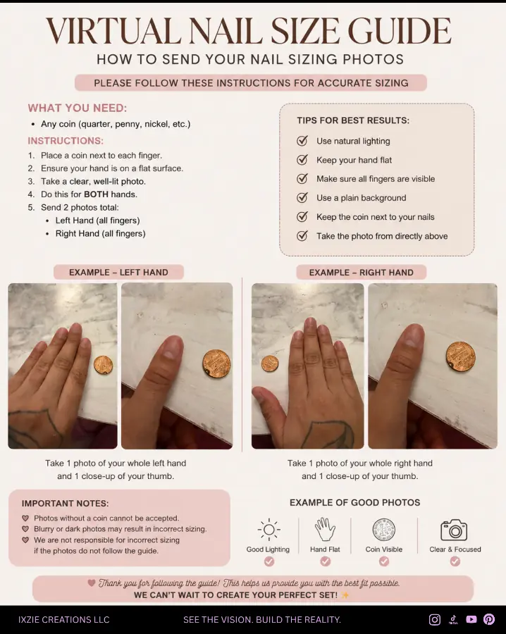Virtual nail size guide showing how to photograph both hands with a coin